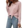 imageCHARTOU Womens Crewneck Cable Pointelle Long Sleeve Tassel Fringed Knitwear Sweater PulloverPink