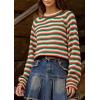 imageCHARTOU Womens Fall Oversized Pullover Sweater Colorful Striped Lightweight Y2K Retro Crewneck Jumper TopsGreen