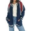 imageCHARTOU Casual Zip Up Sweaters for Women Fall Color Block Open Cardigan Sweaters CoatNavy