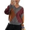 imageCHARTOU Women Causal V Neck Pullover Sweater y2k Argyle Plaid Sweater Preppy Style Knitwear TopsWine