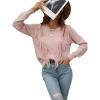 imageCHARTOU Womens Crewneck Cable Pointelle Long Sleeve Tassel Fringed Knitwear Sweater PulloverPink