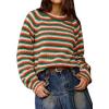 imageCHARTOU Womens Fall Oversized Pullover Sweater Colorful Striped Lightweight Y2K Retro Crewneck Jumper TopsGreen