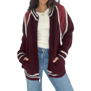 imageCHARTOU Casual Zip Up Sweaters for Women Fall Color Block Open Cardigan Sweaters CoatBurgundy