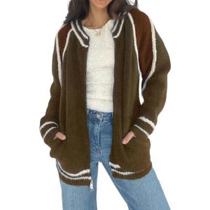 imageCHARTOU Casual Zip Up Sweaters for Women Fall Color Block Open Cardigan Sweaters CoatCoffee