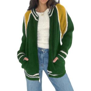 imageCHARTOU Casual Zip Up Sweaters for Women Fall Color Block Open Cardigan Sweaters CoatGreen
