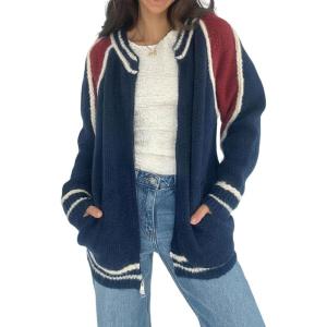 imageCHARTOU Casual Zip Up Sweaters for Women Fall Color Block Open Cardigan Sweaters CoatNavy