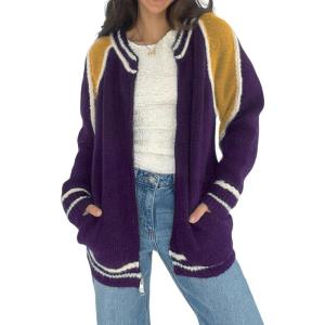 imageCHARTOU Casual Zip Up Sweaters for Women Fall Color Block Open Cardigan Sweaters CoatPurple