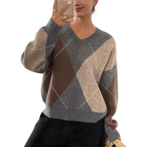 imageCHARTOU Women Causal V Neck Pullover Sweater y2k Argyle Plaid Sweater Preppy Style Knitwear TopsApricot