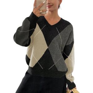 imageCHARTOU Women Causal V Neck Pullover Sweater y2k Argyle Plaid Sweater Preppy Style Knitwear TopsBlack
