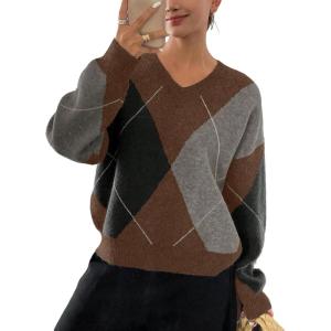 imageCHARTOU Women Causal V Neck Pullover Sweater y2k Argyle Plaid Sweater Preppy Style Knitwear TopsGrey