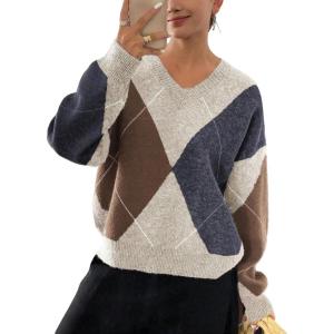 imageCHARTOU Women Causal V Neck Pullover Sweater y2k Argyle Plaid Sweater Preppy Style Knitwear TopsNavy