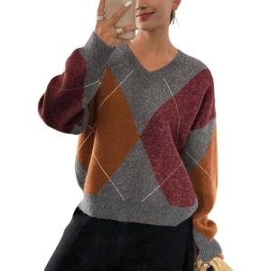 imageCHARTOU Women Causal V Neck Pullover Sweater y2k Argyle Plaid Sweater Preppy Style Knitwear TopsWine
