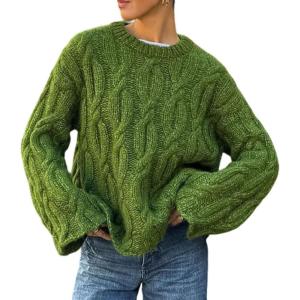 imageCHARTOU Women Chunky Cable Cropped Sweater Casual Crewneck Cropped Pullover SweaterGreen