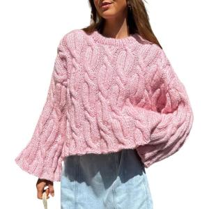 imageCHARTOU Women Chunky Cable Cropped Sweater Casual Crewneck Cropped Pullover SweaterPink