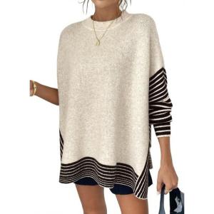 imageCHARTOU Women Contrast Stripe Sweater Casual Crewneck Batwing Long Sleeve Pullover Sweater Jumper TopsBeige