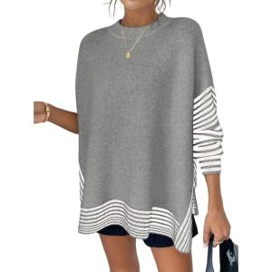imageCHARTOU Women Contrast Stripe Sweater Casual Crewneck Batwing Long Sleeve Pullover Sweater Jumper TopsGrey