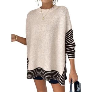 imageCHARTOU Women Contrast Stripe Sweater Casual Crewneck Batwing Long Sleeve Pullover Sweater Jumper TopsKhaki