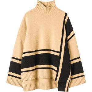 imageCHARTOU Women Fall 2025 Turtleneck Sweater Color Block Oversized HiLow Sweaters Knit Jumper TopsCamel