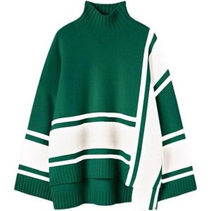 imageCHARTOU Women Fall 2025 Turtleneck Sweater Color Block Oversized HiLow Sweaters Knit Jumper TopsGreen