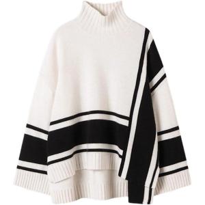 imageCHARTOU Women Fall 2025 Turtleneck Sweater Color Block Oversized HiLow Sweaters Knit Jumper TopsWhite