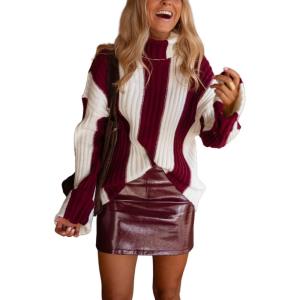 imageCHARTOU Women Fall Winter Turtleneck Sweater Color Block Patchwork Striped Knit Pullover Sweater TopsWine