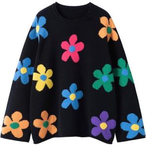 imageCHARTOU Women Oversized Floral Sweater Comfy 2025 Fall Fashion Pullover Sweater TopsBlack