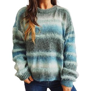 imageCHARTOU Women Stripes Gradient Knit Sweater Pullover Trendy 2025 Outfits Fuzzy Long Sleeve Jumper TopBlue
