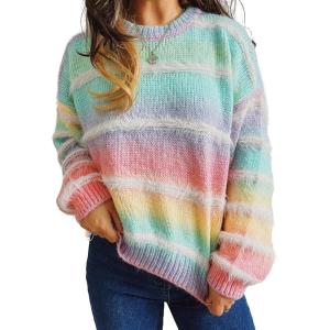 imageCHARTOU Women Stripes Gradient Knit Sweater Pullover Trendy 2025 Outfits Fuzzy Long Sleeve Jumper TopColorful