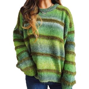 imageCHARTOU Women Stripes Gradient Knit Sweater Pullover Trendy 2025 Outfits Fuzzy Long Sleeve Jumper TopGreen