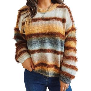 imageCHARTOU Women Stripes Gradient Knit Sweater Pullover Trendy 2025 Outfits Fuzzy Long Sleeve Jumper TopYellow