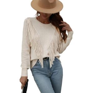 imageCHARTOU Womens Crewneck Cable Pointelle Long Sleeve Tassel Fringed Knitwear Sweater PulloverApricot