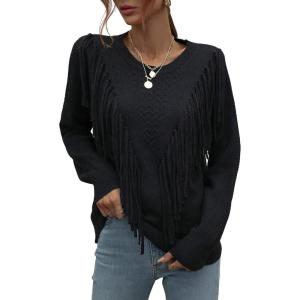 imageCHARTOU Womens Crewneck Cable Pointelle Long Sleeve Tassel Fringed Knitwear Sweater PulloverBlack