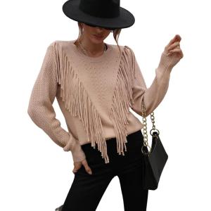 imageCHARTOU Womens Crewneck Cable Pointelle Long Sleeve Tassel Fringed Knitwear Sweater PulloverKhaki