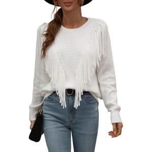 imageCHARTOU Womens Crewneck Cable Pointelle Long Sleeve Tassel Fringed Knitwear Sweater PulloverWhite