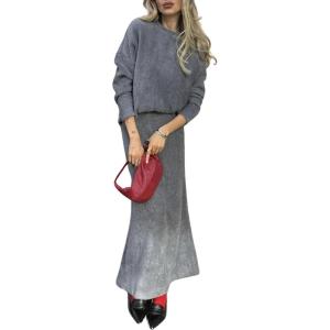 imageCHARTOU Womens Elegant Sweater Skirt Sets 2 Piece Outfits Fall Fuzzy Crewneck Sweater Fishtail SkirtsDark Grey