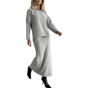 imageCHARTOU Womens Elegant Sweater Skirt Sets 2 Piece Outfits Fall Fuzzy Crewneck Sweater Fishtail SkirtsLight Grey