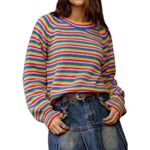 imageCHARTOU Womens Fall Oversized Pullover Sweater Colorful Striped Lightweight Y2K Retro Crewneck Jumper TopsBlue