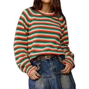 imageCHARTOU Womens Fall Oversized Pullover Sweater Colorful Striped Lightweight Y2K Retro Crewneck Jumper TopsGreen