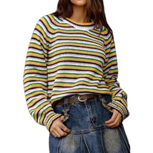 imageCHARTOU Womens Fall Oversized Pullover Sweater Colorful Striped Lightweight Y2K Retro Crewneck Jumper TopsYellow