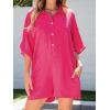 imageCHARTOU Women Casual Summer Romper Short Sleeve Jumpsuit Button T Shirt Romper Cover Up One Piece Overall ShortsRosy