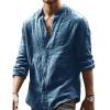 imageCHARTOU Mens Casual Linen Button Down Shirt Collarless Long Sleeve Beach Henley ShirtBlue
