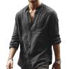 imageCHARTOU Mens Casual Linen Button Down Shirt Collarless Long Sleeve Beach Henley ShirtGrey
