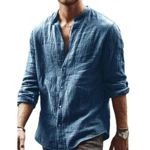 imageCHARTOU Mens Casual Linen Button Down Shirt Collarless Long Sleeve Beach Henley ShirtBlue