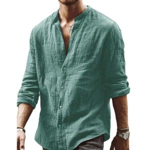 imageCHARTOU Mens Casual Linen Button Down Shirt Collarless Long Sleeve Beach Henley ShirtGreen