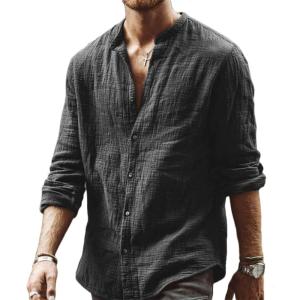 imageCHARTOU Mens Casual Linen Button Down Shirt Collarless Long Sleeve Beach Henley ShirtGrey
