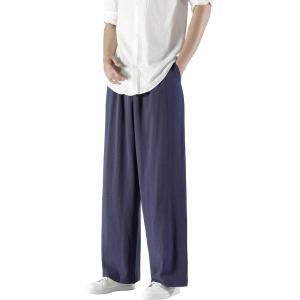 imageCHARTOU Mens Lightweight MidRise Wide Leg Cotton Linen Loose Fit Comfy Beach PantsNavy