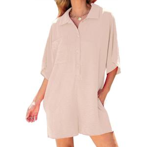 imageCHARTOU Women Casual Summer Romper Short Sleeve Jumpsuit Button T Shirt Romper Cover Up One Piece Overall ShortsBeige