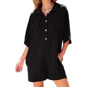 imageCHARTOU Women Casual Summer Romper Short Sleeve Jumpsuit Button T Shirt Romper Cover Up One Piece Overall ShortsBlack
