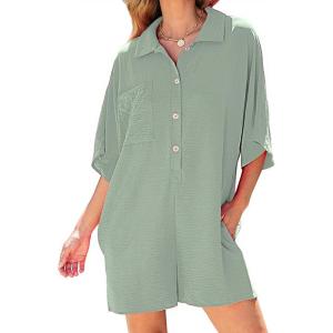 imageCHARTOU Women Casual Summer Romper Short Sleeve Jumpsuit Button T Shirt Romper Cover Up One Piece Overall ShortsLight Green