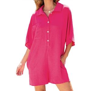 imageCHARTOU Women Casual Summer Romper Short Sleeve Jumpsuit Button T Shirt Romper Cover Up One Piece Overall ShortsRosy